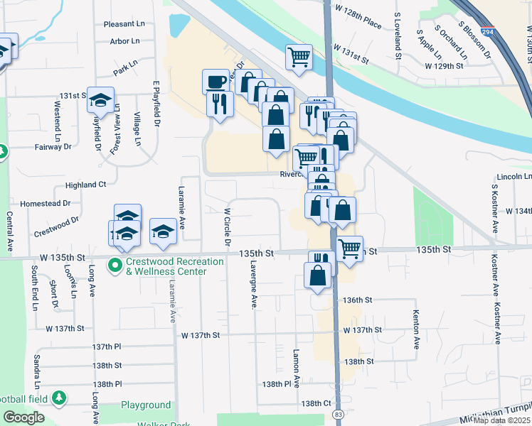 map of restaurants, bars, coffee shops, grocery stores, and more near 4939 East Circle Drive in Crestwood