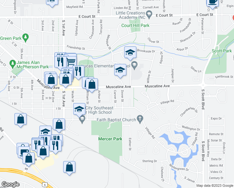 map of restaurants, bars, coffee shops, grocery stores, and more near 1017 Dover Street in Iowa City