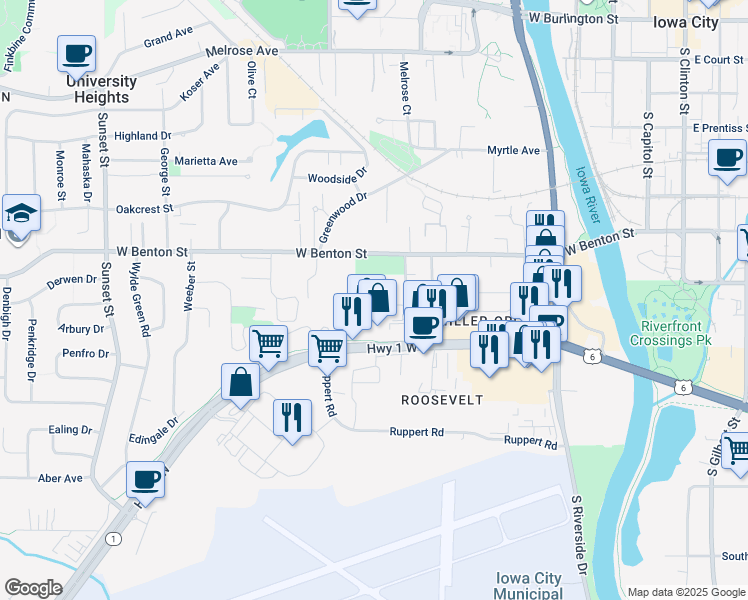 map of restaurants, bars, coffee shops, grocery stores, and more near 615 W Benton St in Iowa City