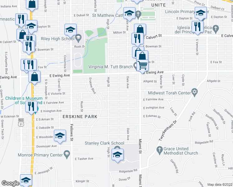 map of restaurants, bars, coffee shops, grocery stores, and more near 826 East Victoria Street in South Bend