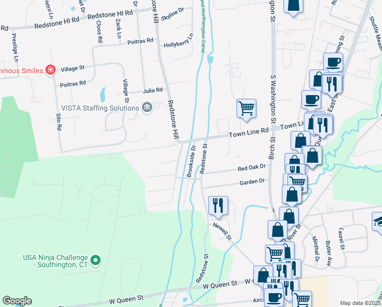 map of restaurants, bars, coffee shops, grocery stores, and more near 6 Brookside Drive in Southington