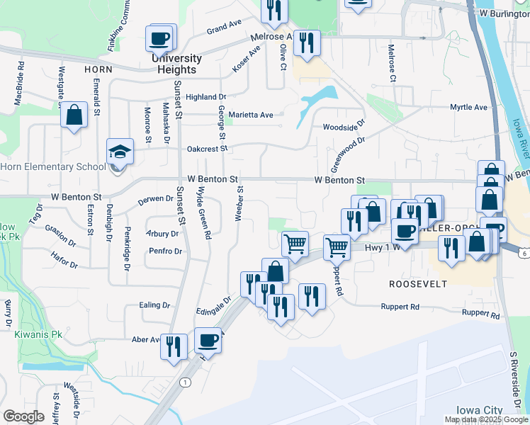 map of restaurants, bars, coffee shops, grocery stores, and more near 915 Harlocke Street in Iowa City