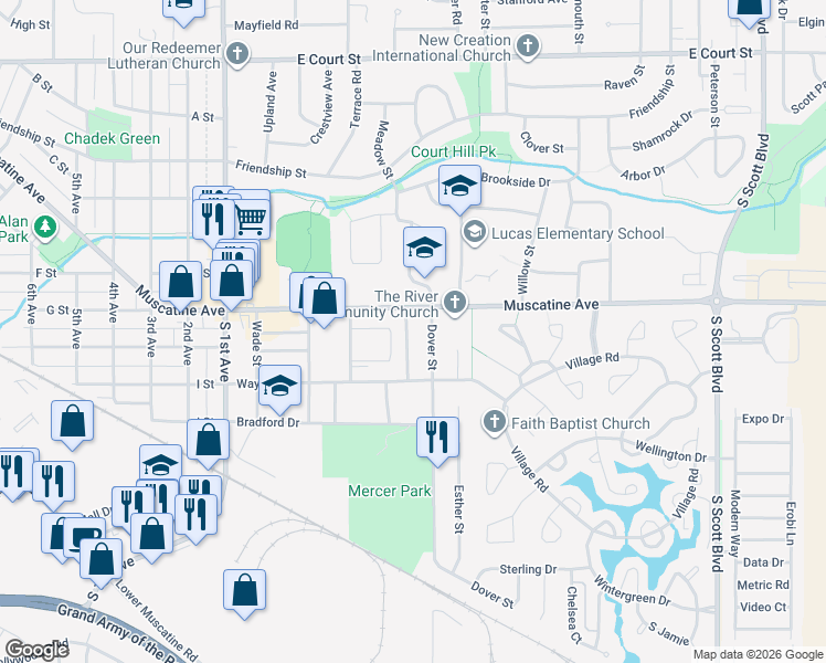 map of restaurants, bars, coffee shops, grocery stores, and more near 1017 Dover Street in Iowa City