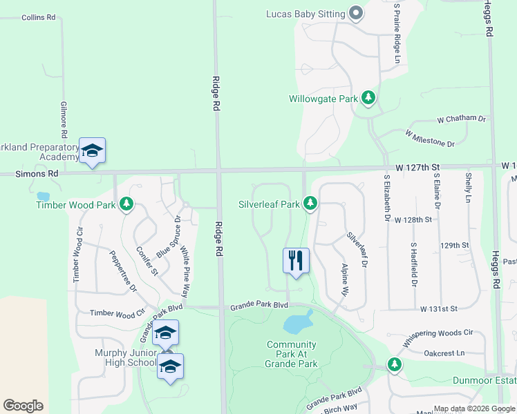 map of restaurants, bars, coffee shops, grocery stores, and more near 26615 Silverleaf Drive in Plainfield