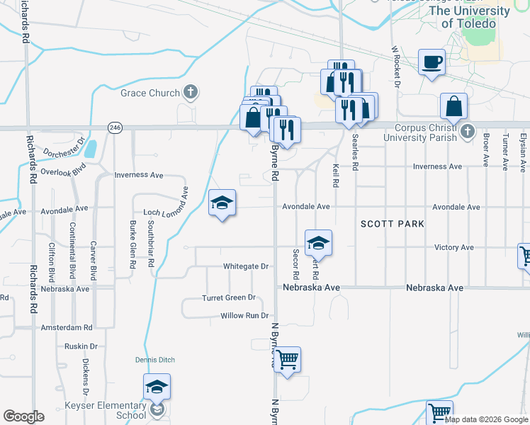 map of restaurants, bars, coffee shops, grocery stores, and more near 825 North Byrne Road in Toledo