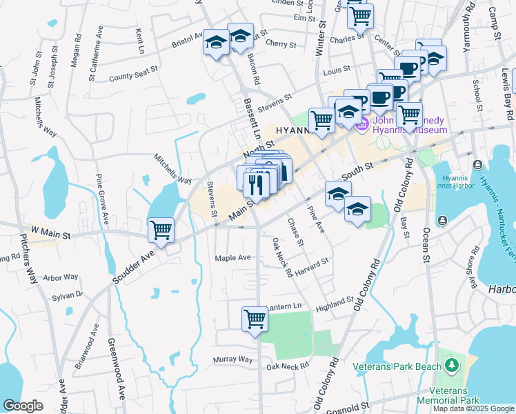 map of restaurants, bars, coffee shops, grocery stores, and more near 599 Main Street in Barnstable