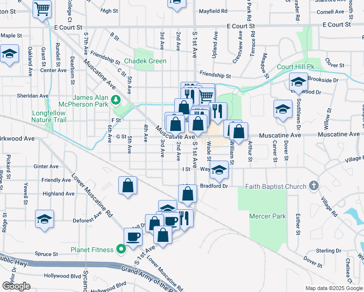 map of restaurants, bars, coffee shops, grocery stores, and more near 1020 2nd Avenue in Iowa City