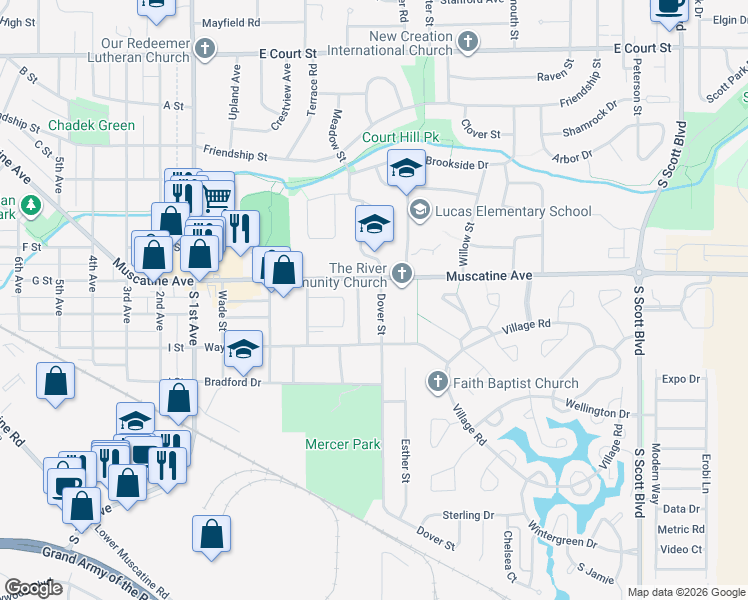 map of restaurants, bars, coffee shops, grocery stores, and more near 1017 Dover St in Iowa City