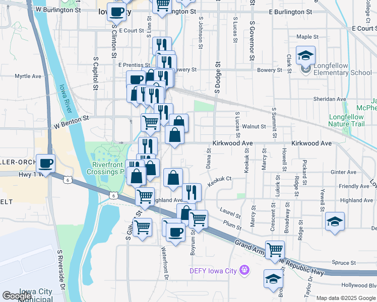map of restaurants, bars, coffee shops, grocery stores, and more near 521 Kirkwood Avenue in Iowa City