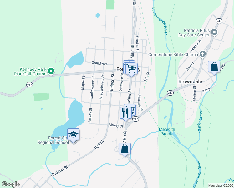 map of restaurants, bars, coffee shops, grocery stores, and more near 83 Depot Street in Forest City