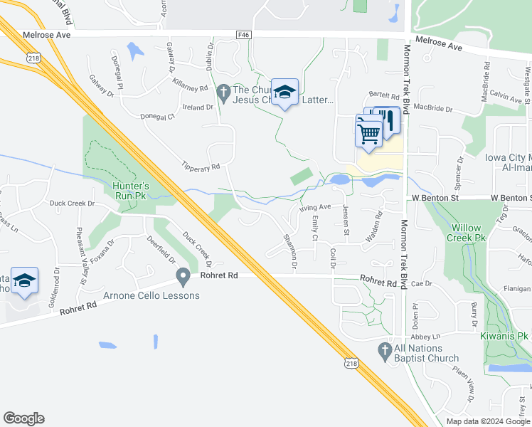 map of restaurants, bars, coffee shops, grocery stores, and more near 1233 Shannon Drive in Iowa City