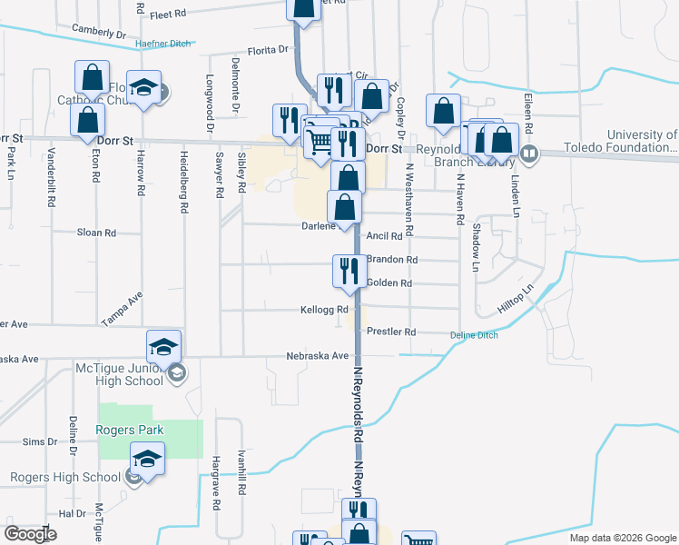 map of restaurants, bars, coffee shops, grocery stores, and more near 915 North Reynolds Road in Toledo