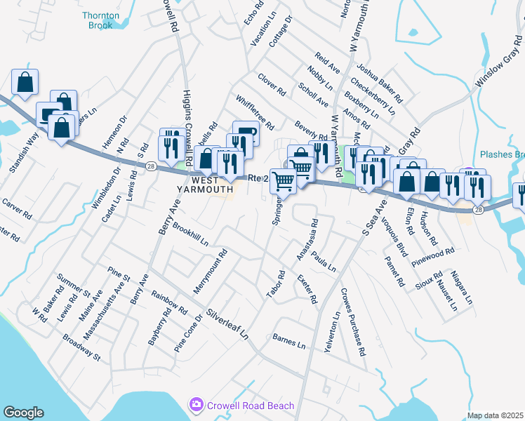 map of restaurants, bars, coffee shops, grocery stores, and more near 27A Springer Lane in Yarmouth