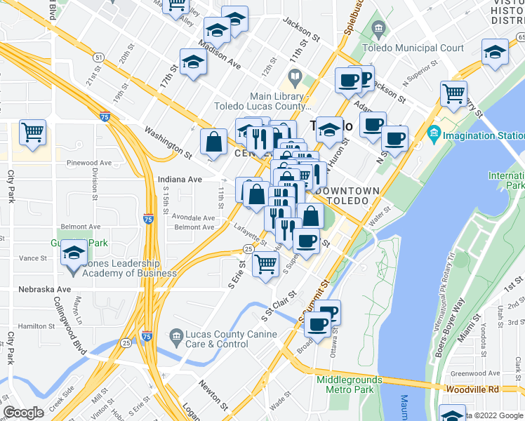 map of restaurants, bars, coffee shops, grocery stores, and more near 801 Washington Street in Toledo