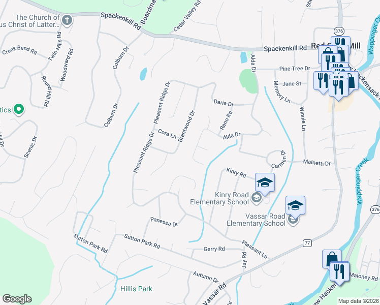 map of restaurants, bars, coffee shops, grocery stores, and more near 85 Alda Drive in Poughkeepsie