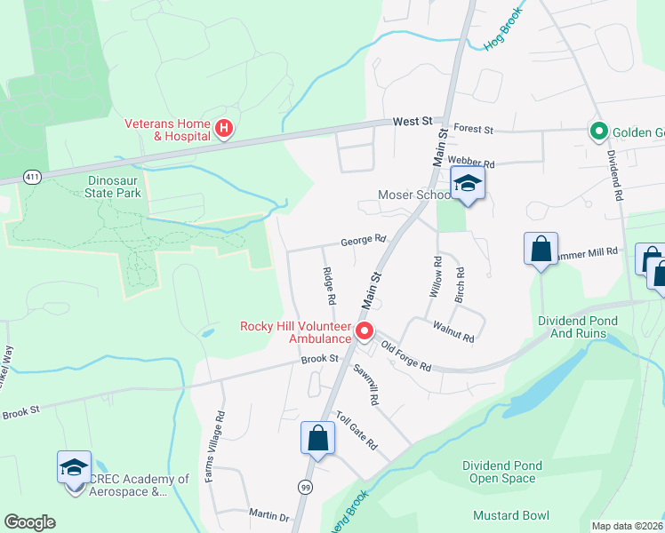 map of restaurants, bars, coffee shops, grocery stores, and more near 24 Ridge Road in Rocky Hill