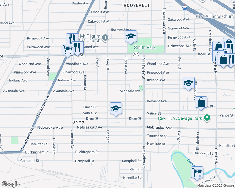 map of restaurants, bars, coffee shops, grocery stores, and more near 1129 Avondale Avenue in Toledo