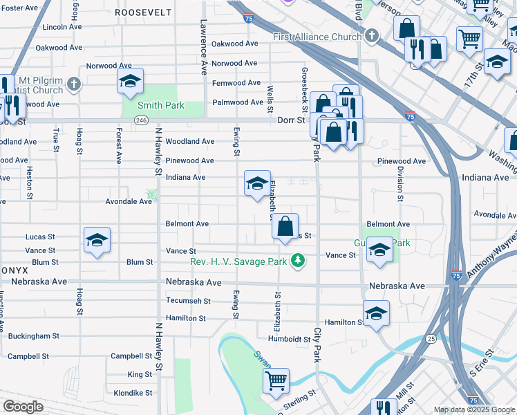 map of restaurants, bars, coffee shops, grocery stores, and more near 707 Avondale Avenue in Toledo