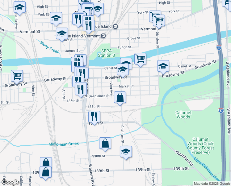 map of restaurants, bars, coffee shops, grocery stores, and more near 2242 Desplaines Street in Blue Island