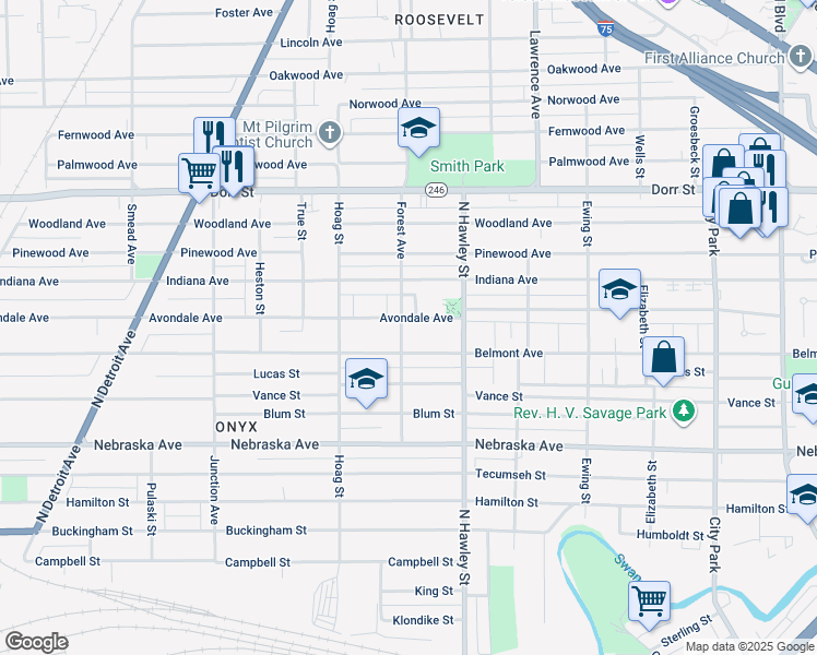 map of restaurants, bars, coffee shops, grocery stores, and more near 1055 Avondale Ave in Toledo