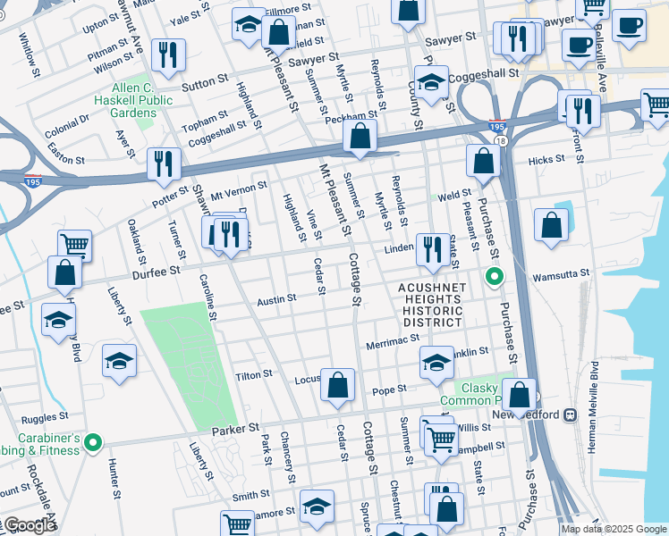 map of restaurants, bars, coffee shops, grocery stores, and more near 22 Collins Street in New Bedford