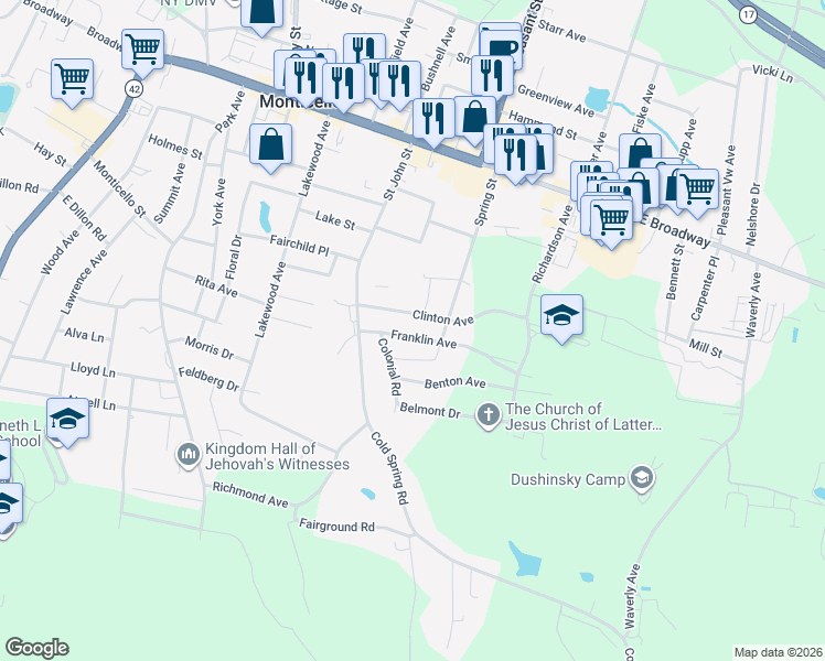 map of restaurants, bars, coffee shops, grocery stores, and more near 48 Franklin Avenue in Monticello