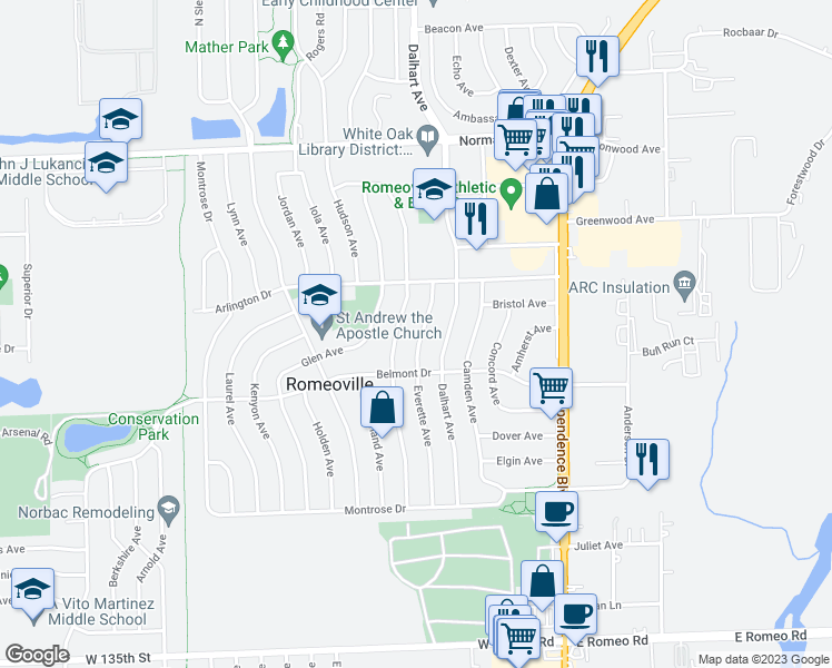 map of restaurants, bars, coffee shops, grocery stores, and more near 510 Everette Avenue in Romeoville