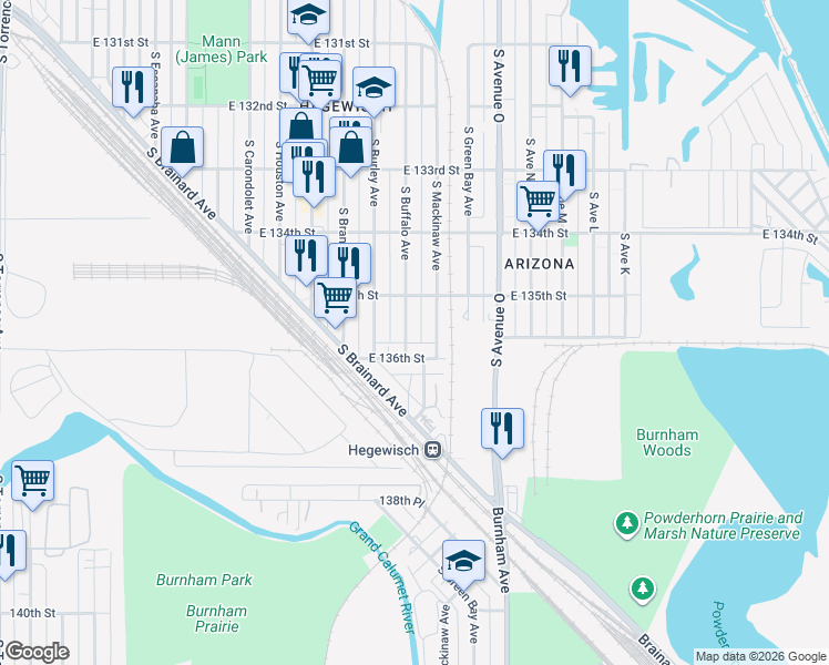 map of restaurants, bars, coffee shops, grocery stores, and more near 13535 South Buffalo Avenue in Chicago
