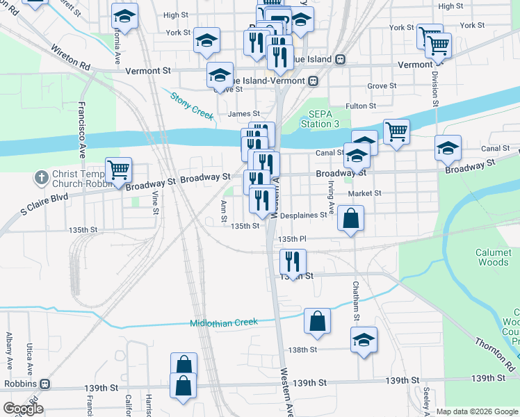 map of restaurants, bars, coffee shops, grocery stores, and more near 13416 South Western Avenue in Blue Island