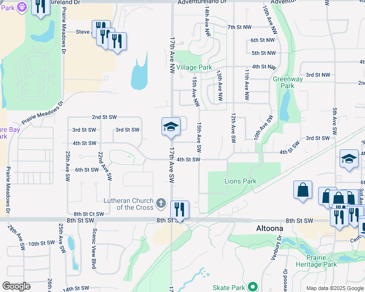 map of restaurants, bars, coffee shops, grocery stores, and more near 1512 3rd Street Southwest in Altoona