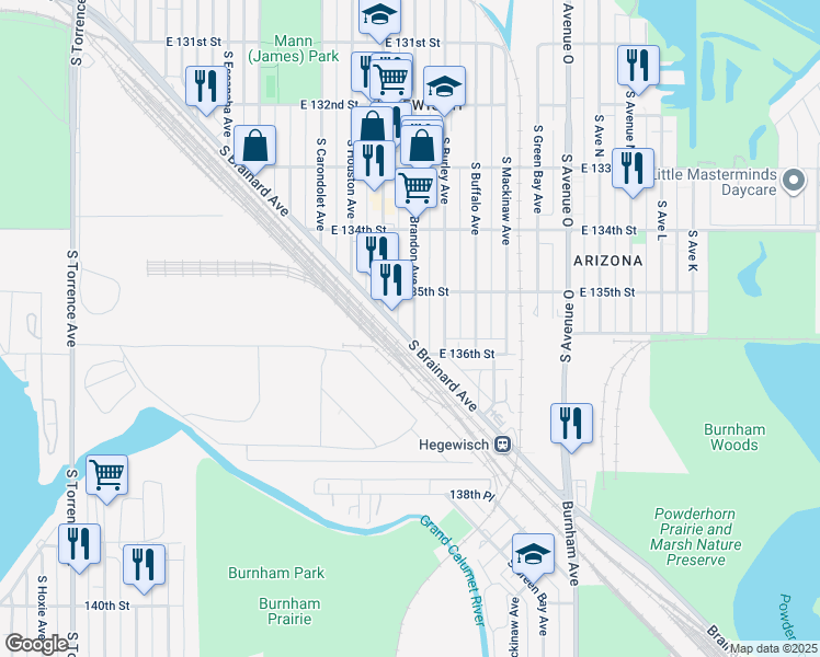 map of restaurants, bars, coffee shops, grocery stores, and more near 13536 South Brandon Avenue in Chicago