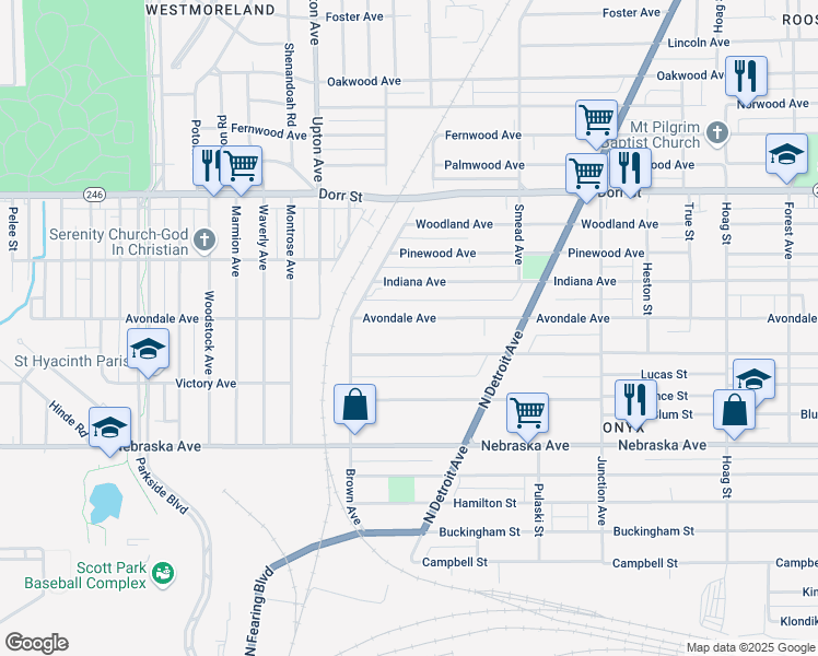 map of restaurants, bars, coffee shops, grocery stores, and more near 1661 Avondale Avenue in Toledo