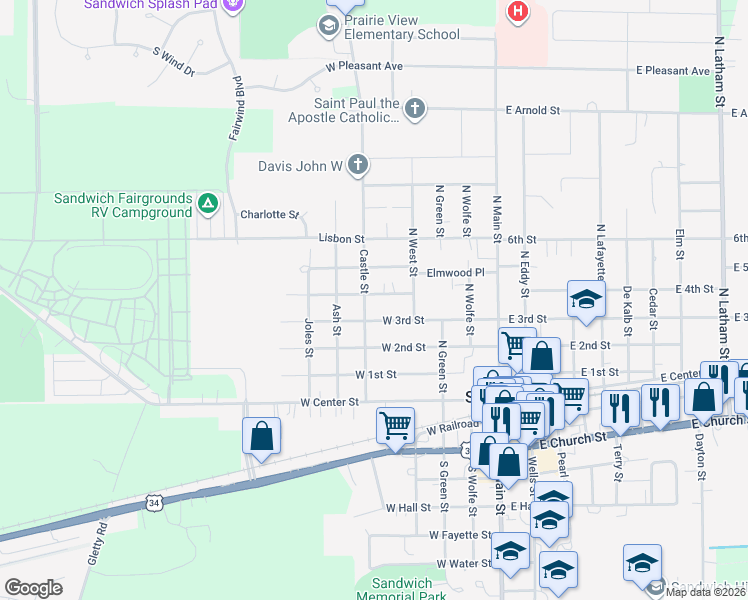 map of restaurants, bars, coffee shops, grocery stores, and more near 320 Castle Street in Sandwich
