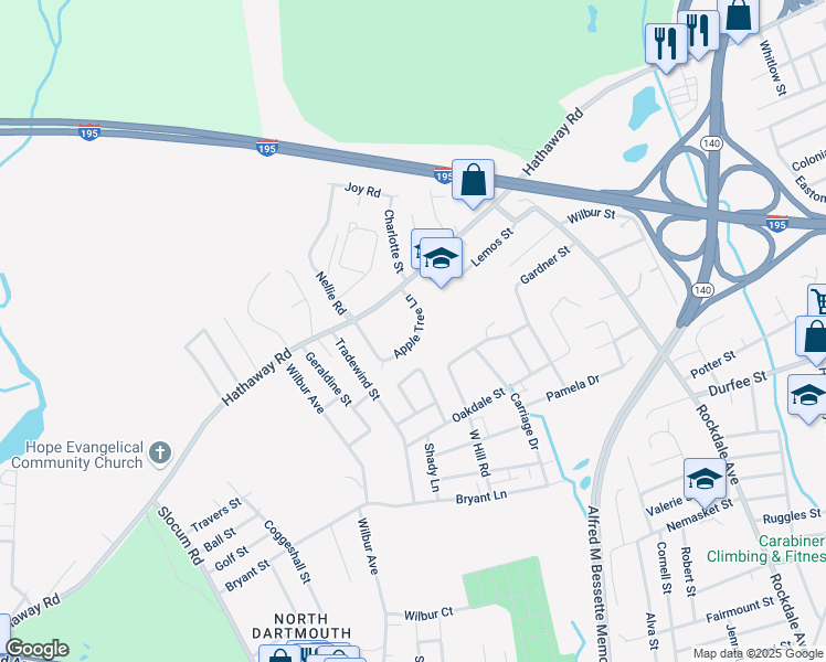 map of restaurants, bars, coffee shops, grocery stores, and more near 57 Apple Tree Lane in New Bedford