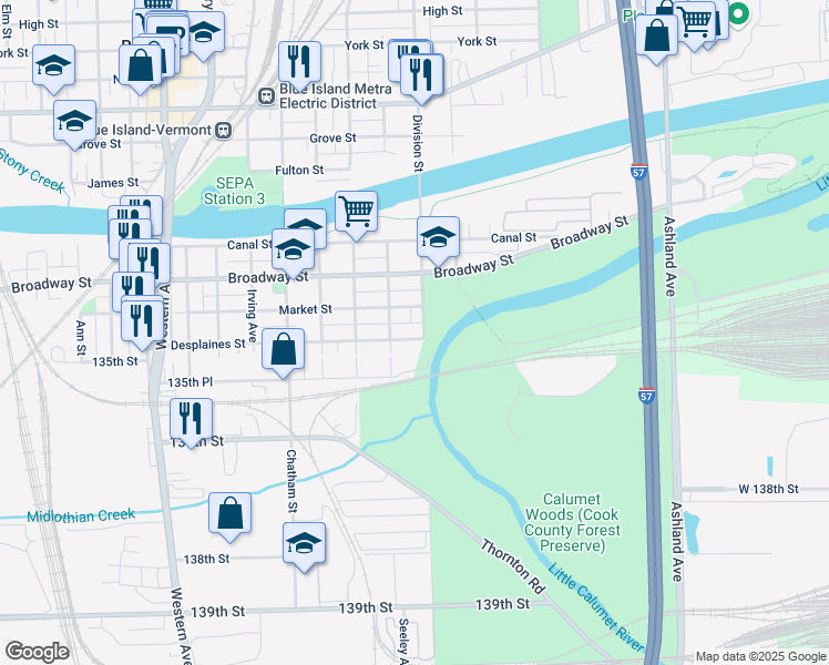 map of restaurants, bars, coffee shops, grocery stores, and more near 2006 Desplaines Street in Blue Island