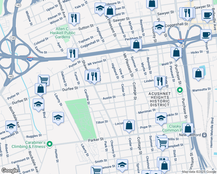map of restaurants, bars, coffee shops, grocery stores, and more near 38 Bullock Street in New Bedford