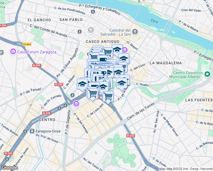 map of restaurants, bars, coffee shops, grocery stores, and more near 3 Calle de Felipe Sanclemente in Zaragoza