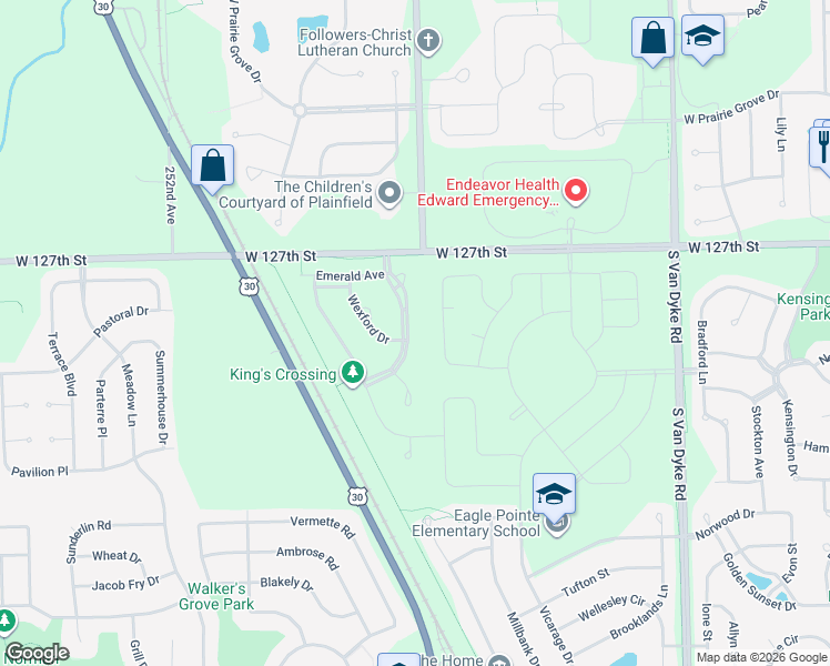 map of restaurants, bars, coffee shops, grocery stores, and more near 12741 Waterford Boulevard in Plainfield