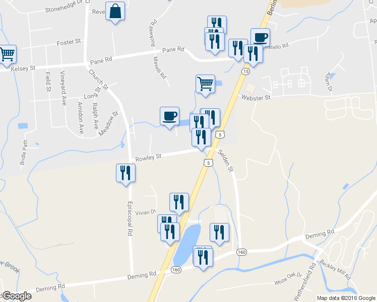 map of restaurants, bars, coffee shops, grocery stores, and more near Rowley Street in Newington