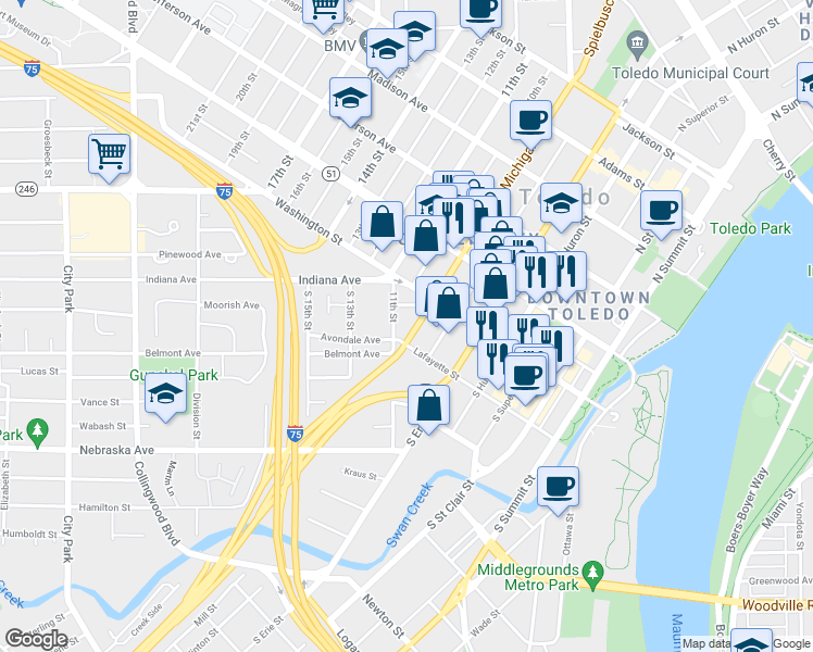 map of restaurants, bars, coffee shops, grocery stores, and more near 38 South Michigan Street in Toledo