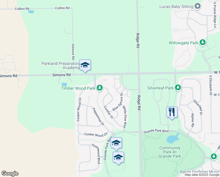 map of restaurants, bars, coffee shops, grocery stores, and more near 12810 Timber Wood Circle in Plainfield