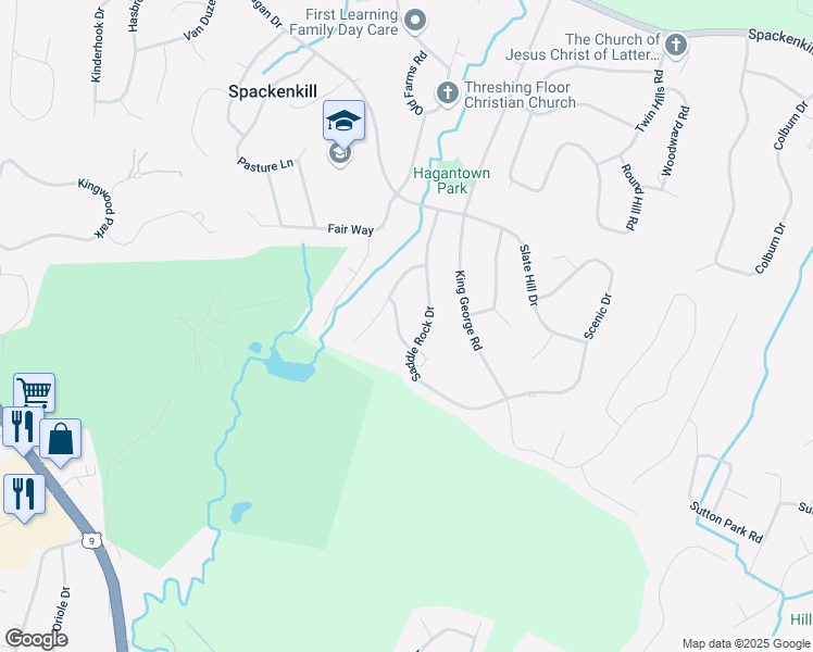 map of restaurants, bars, coffee shops, grocery stores, and more near 7 Bridle Lane in Poughkeepsie