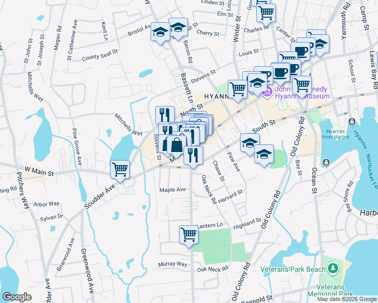 map of restaurants, bars, coffee shops, grocery stores, and more near 640 Main Street in Barnstable