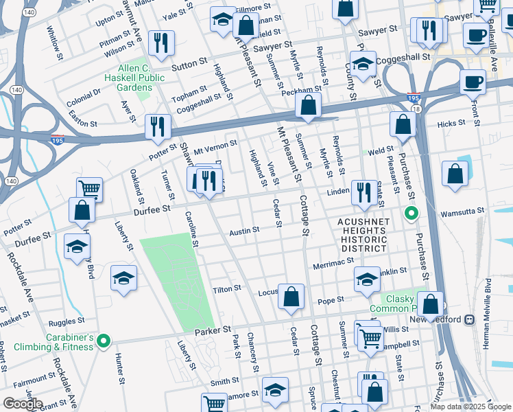 map of restaurants, bars, coffee shops, grocery stores, and more near 17 Trinity Street in New Bedford