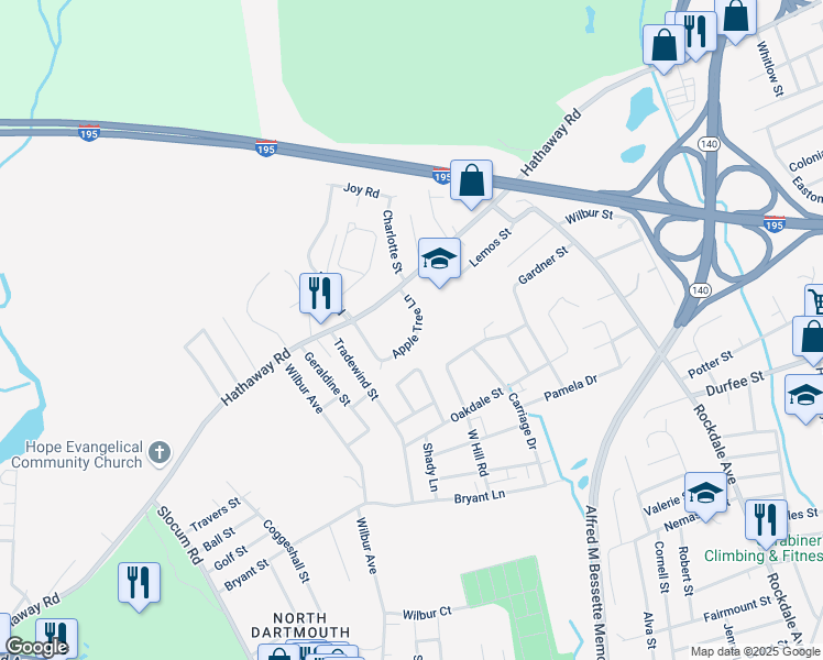 map of restaurants, bars, coffee shops, grocery stores, and more near 57 Apple Tree Lane in New Bedford