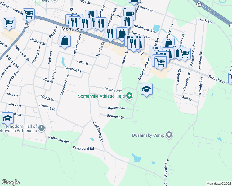 map of restaurants, bars, coffee shops, grocery stores, and more near 71 Spring Street in Monticello