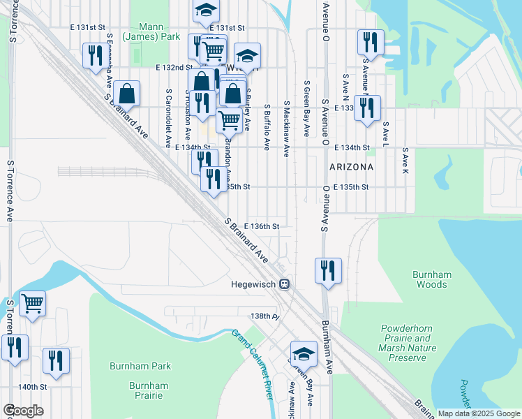 map of restaurants, bars, coffee shops, grocery stores, and more near 13533 South Burley Avenue in Chicago