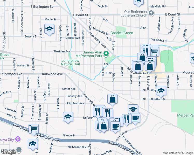 map of restaurants, bars, coffee shops, grocery stores, and more near 1712 H Street in Iowa City