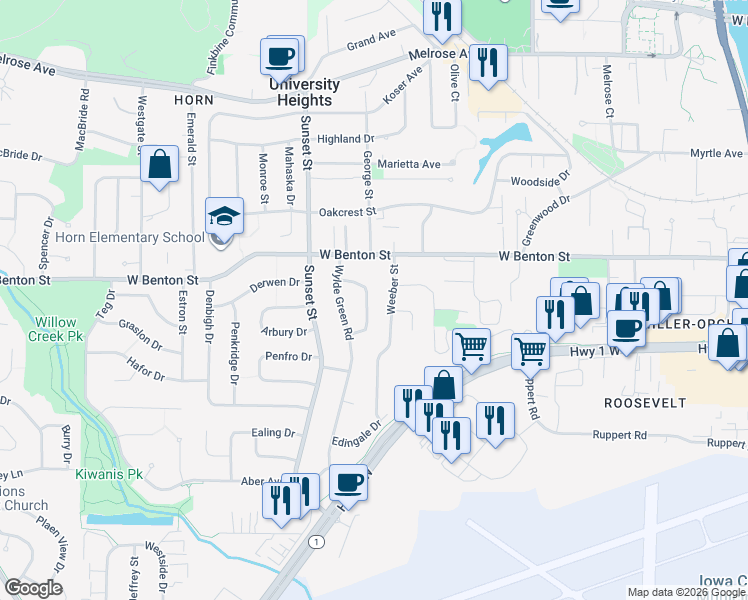 map of restaurants, bars, coffee shops, grocery stores, and more near 914 Talwrn Court in Iowa City
