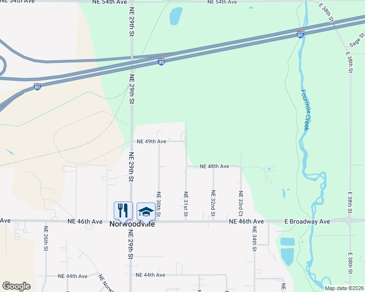 map of restaurants, bars, coffee shops, grocery stores, and more near 4880 Northeast 31st Street in Des Moines